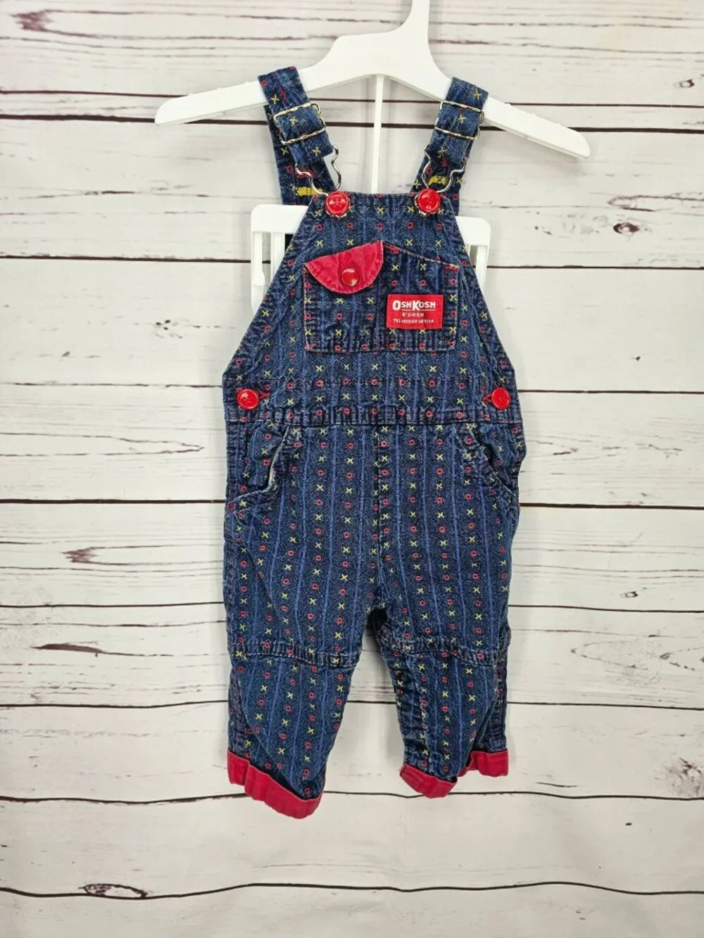 OshKosh Bgosh Infant Girls XO Tic Tack Toe Denim Overalls 6/9M Red USA Made‎